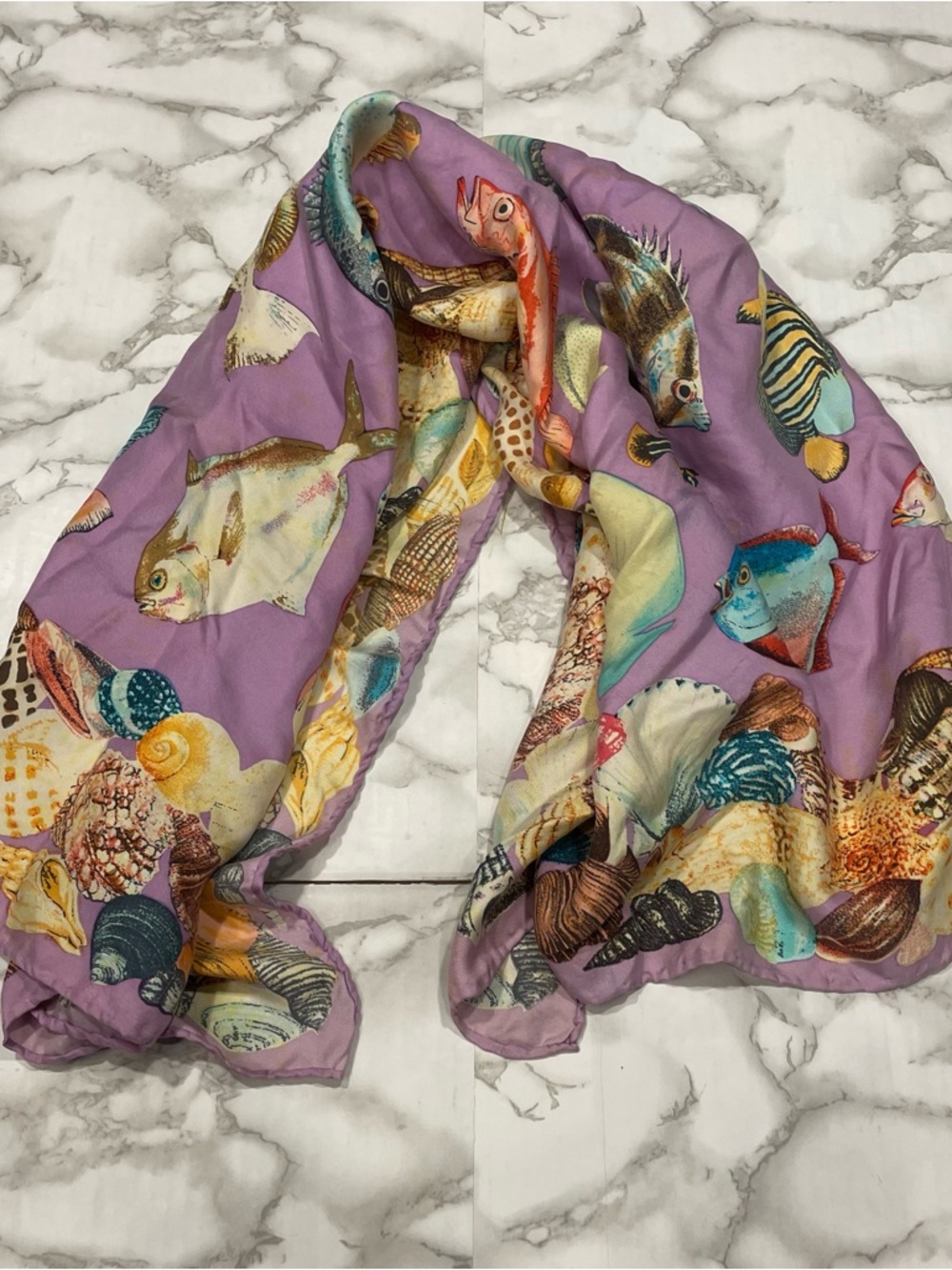 Vintage Tropical Fish Lavender Silk Scarf